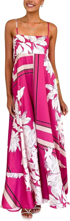chouyatou Women's Bohemian Floral Print Back Smocked Maxi Dress Sexy Spaghetti Strap Ruffle Swing Beach Long Dress