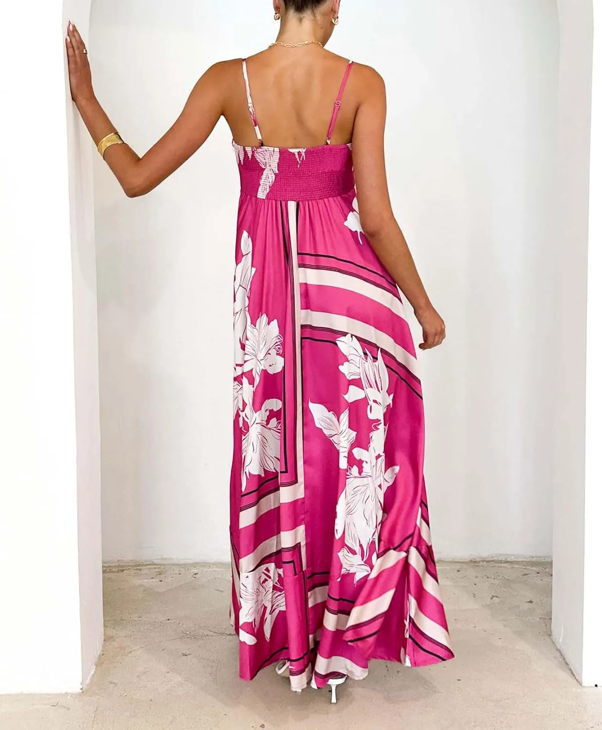 chouyatou Women's Bohemian Floral Print Back Smocked Maxi Dress Sexy Spaghetti Strap Ruffle Swing Beach Long Dress