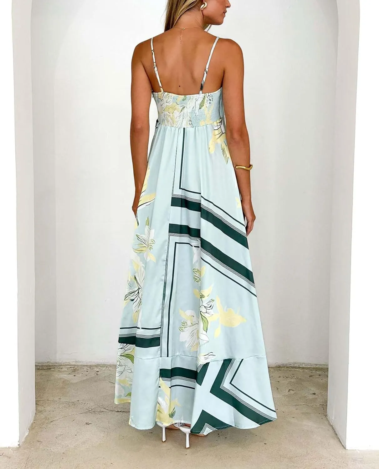 chouyatou Women's Bohemian Floral Print Back Smocked Maxi Dress Sexy Spaghetti Strap Ruffle Swing Beach Long Dress