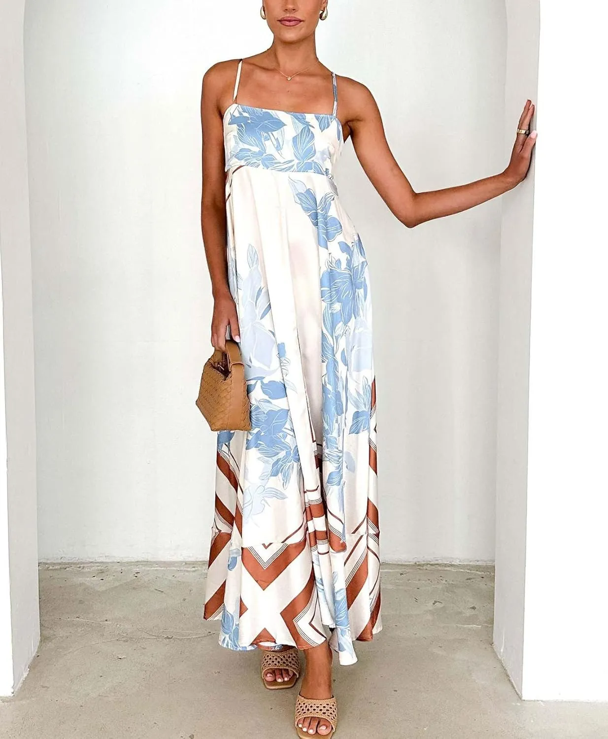 chouyatou Women's Bohemian Floral Print Back Smocked Maxi Dress Sexy Spaghetti Strap Ruffle Swing Beach Long Dress