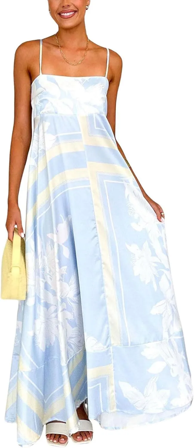 chouyatou Women's Bohemian Floral Print Back Smocked Maxi Dress Sexy Spaghetti Strap Ruffle Swing Beach Long Dress