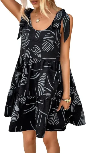 chouyatou Women's Boho Color Block Floral Ruffle Dress Sexy Shoulder Tie Babydoll Party Beach Mini Dress with Pockets