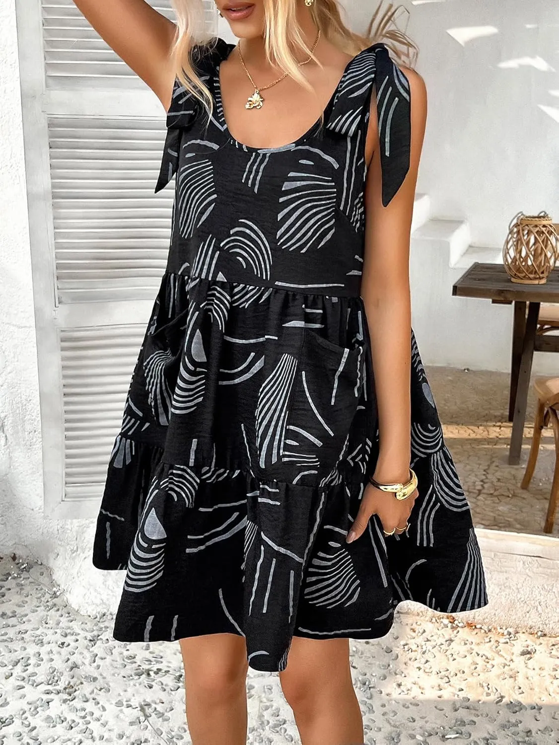 chouyatou Women's Boho Color Block Floral Ruffle Dress Sexy Shoulder Tie Babydoll Party Beach Mini Dress with Pockets