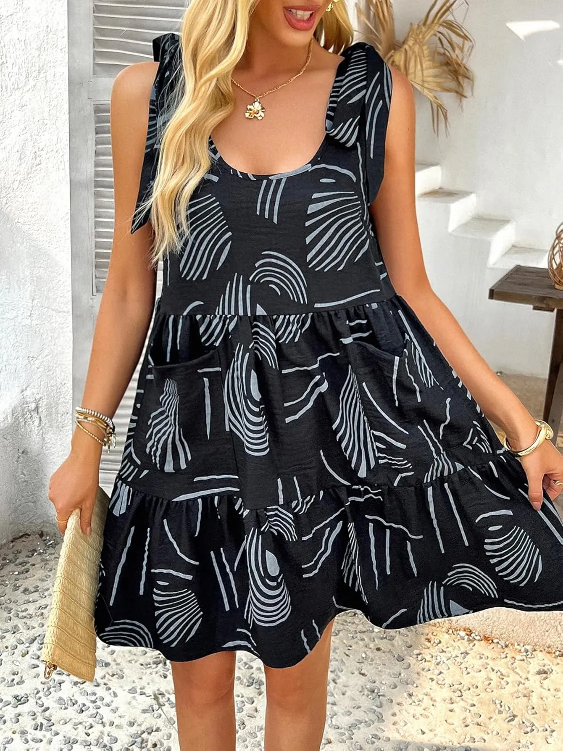 chouyatou Women's Boho Color Block Floral Ruffle Dress Sexy Shoulder Tie Babydoll Party Beach Mini Dress with Pockets