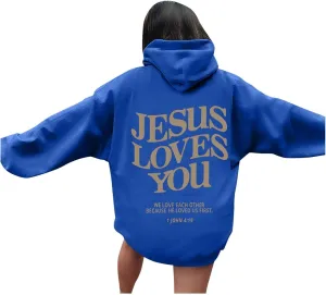 Christian Hoodie Women Jesus Loves You Letter Graphic Y2K Preppy Oversized Sweatshirt Long Sleeve Fall Pullover Tops