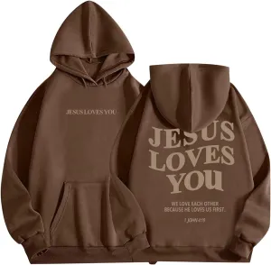 Christian Hoodies for Women Bible Verse Jesus Loves You Letter Graphic Oversized Long Sleeve Pockets Drawstring Sweatshirts