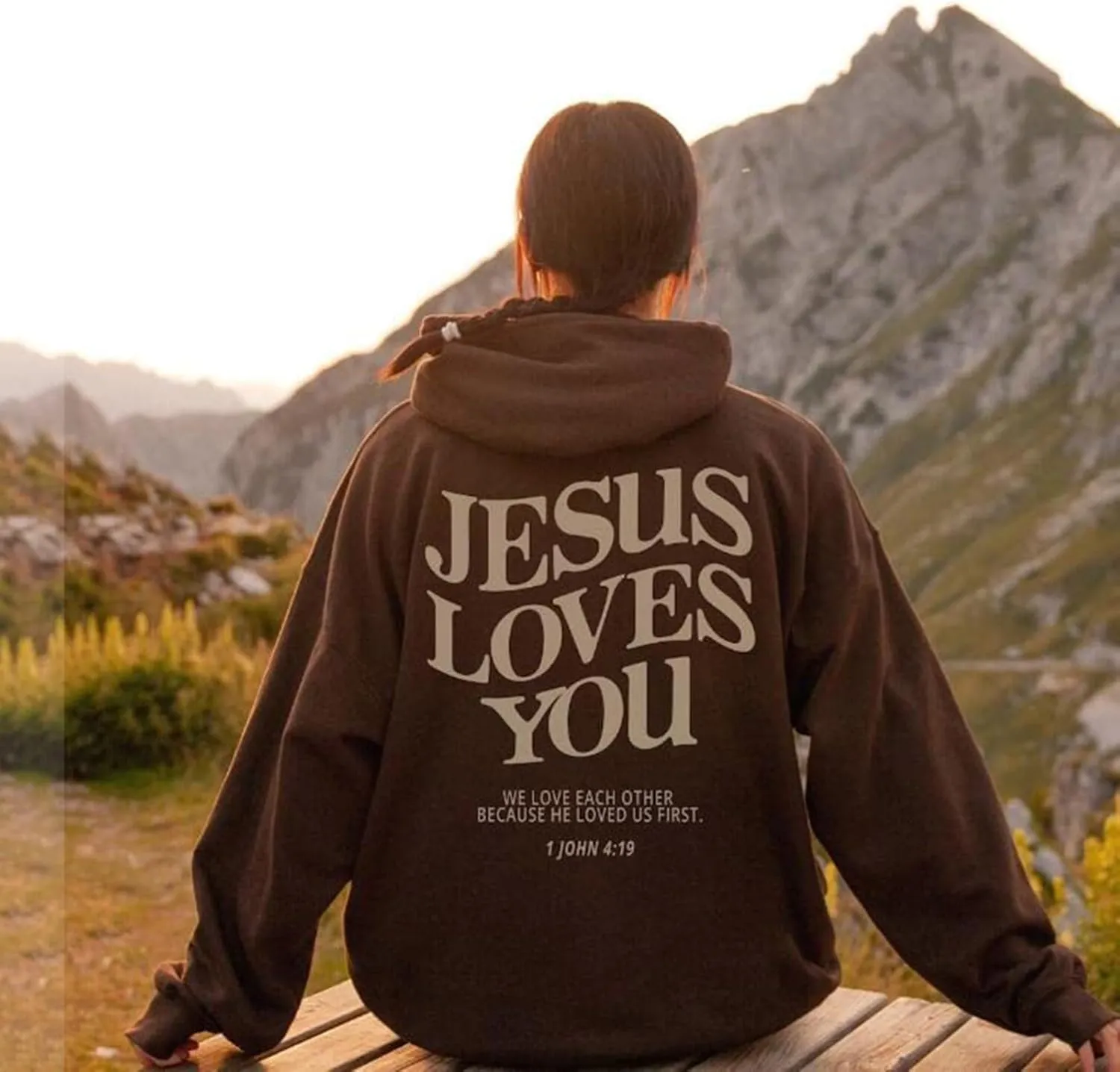 Christian Hoodies for Women Bible Verse Jesus Loves You Letter Graphic Oversized Long Sleeve Pockets Drawstring Sweatshirts
