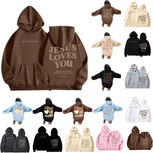 Christian Hoodies for Women Bible Verse Jesus Loves You Letter Graphic Oversized Long Sleeve Pockets Drawstring Sweatshirts