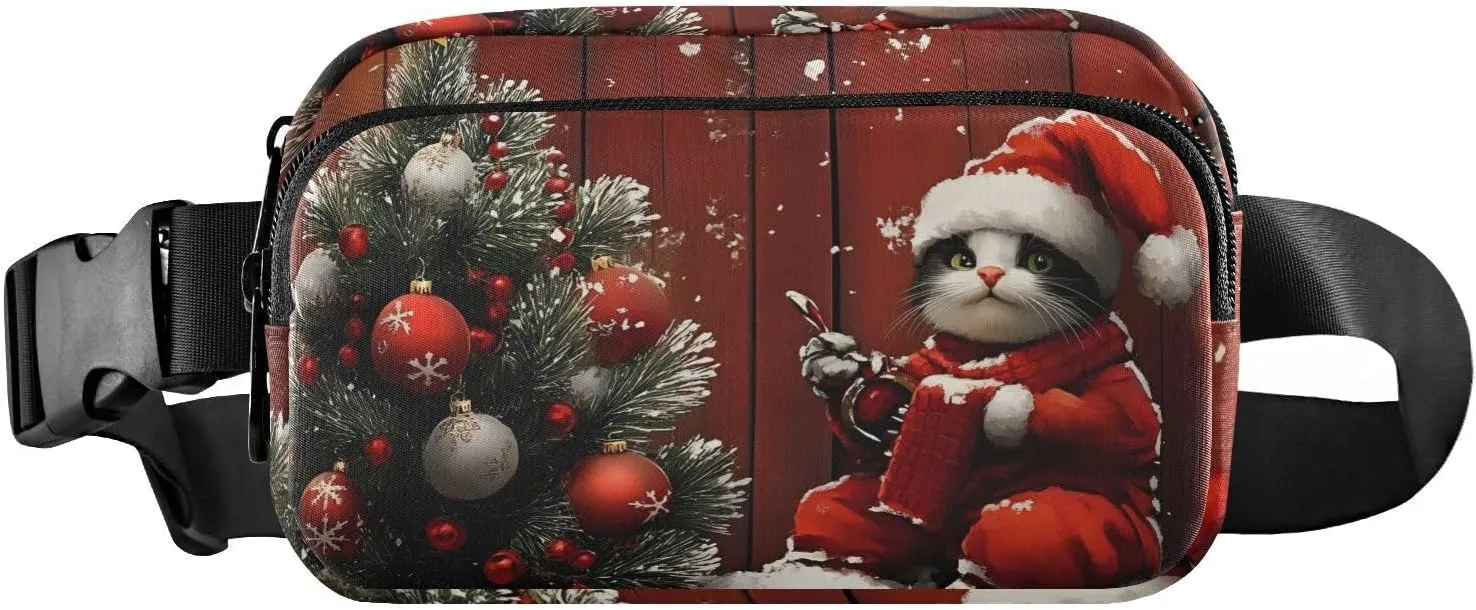 Christmas Cat Fanny Pack Water Resistant Waist Pack Sling Bag Purse for Women Men Travel Hiking