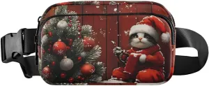 Christmas Cat Fanny Pack Water Resistant Waist Pack Sling Bag Purse for Women Men Travel Hiking