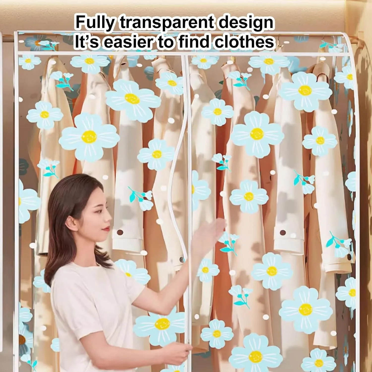 Clear Garment Bags, Printed Garment Covers with Zip, Clothes Cover for Hanging, Dustproof, Washable, for Dress, Suit, Coat(Blue,60x50x90cm)