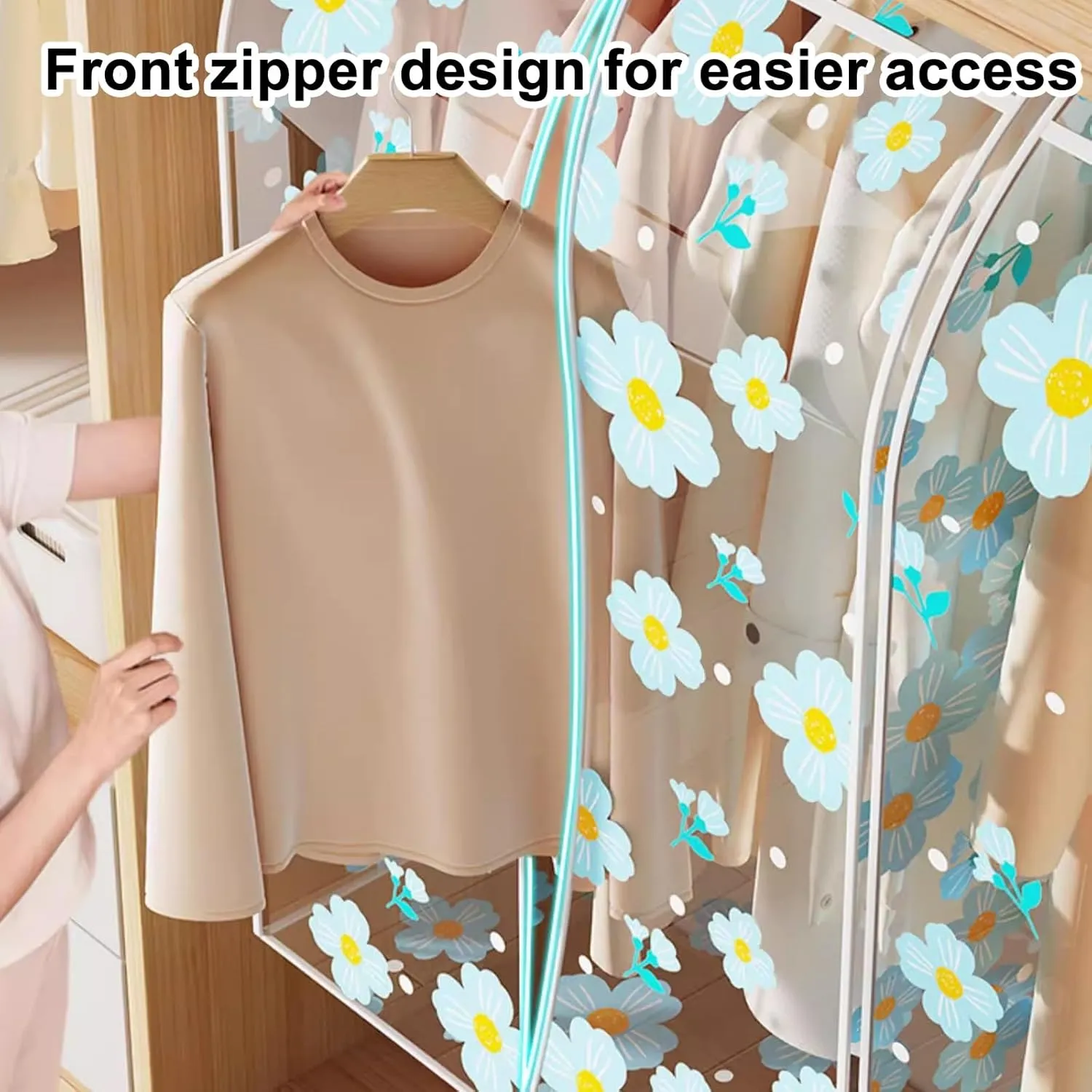 Clear Garment Bags, Printed Garment Covers with Zip, Clothes Cover for Hanging, Dustproof, Washable, for Dress, Suit, Coat(Blue,60x50x90cm)
