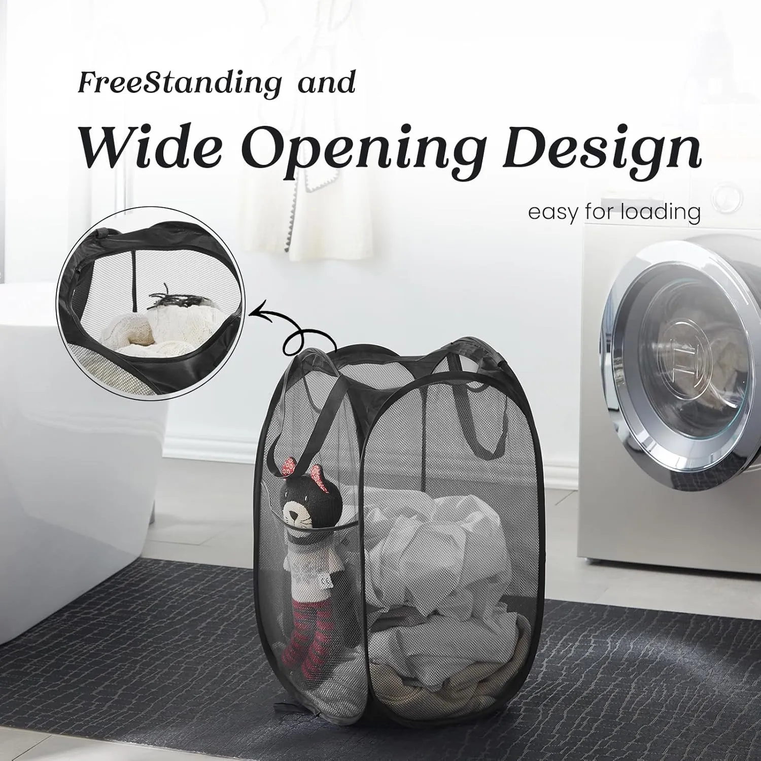 Collapsible Mesh Pop Up Laundry Hamper with Sturdy Handles and Side Pocket - Portable Foldable Clothes Baskets for Dorm, Bathroom & Travel Storage (Black)