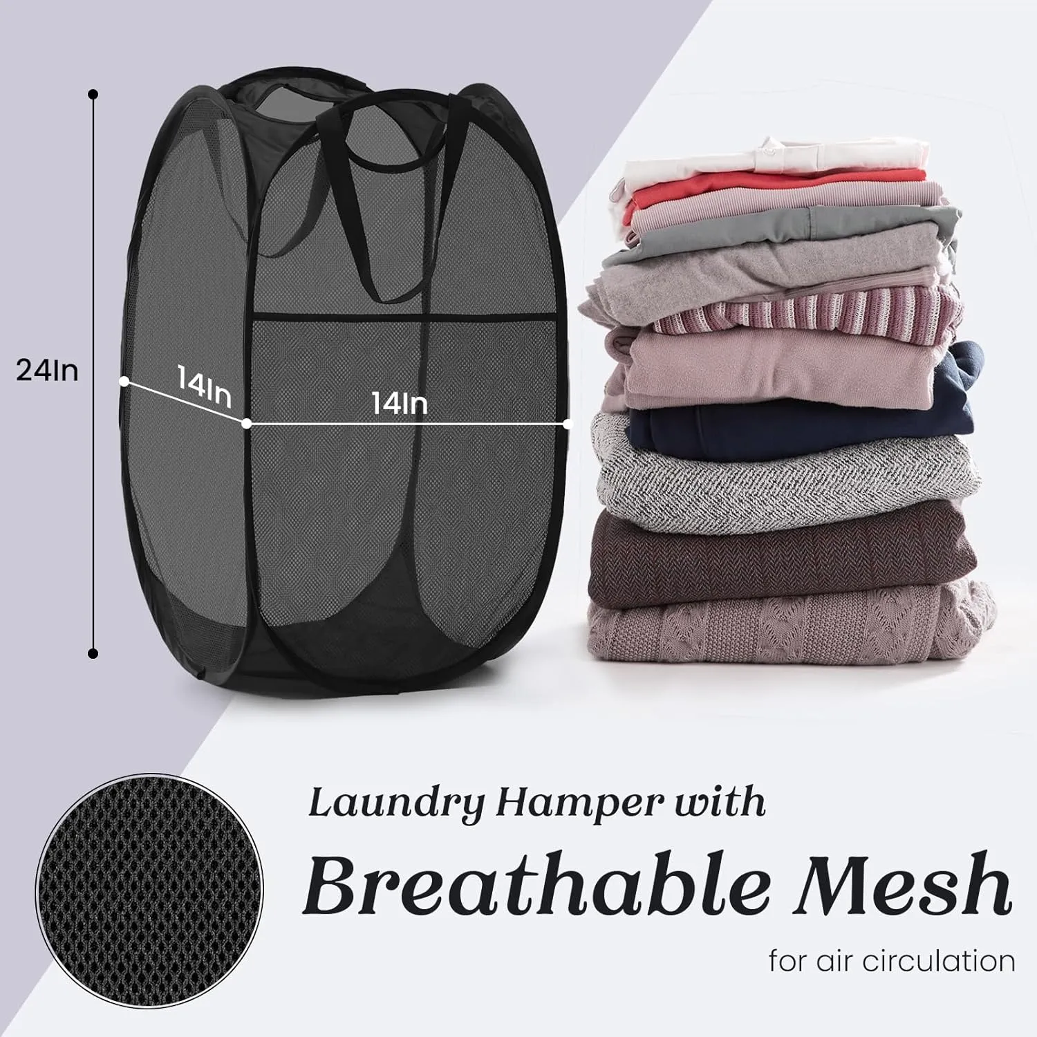 Collapsible Mesh Pop Up Laundry Hamper with Sturdy Handles and Side Pocket - Portable Foldable Clothes Baskets for Dorm, Bathroom & Travel Storage (Black)