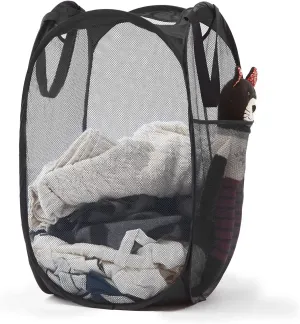 Collapsible Mesh Pop Up Laundry Hamper with Sturdy Handles and Side Pocket - Portable Foldable Clothes Baskets for Dorm, Bathroom & Travel Storage (Black)
