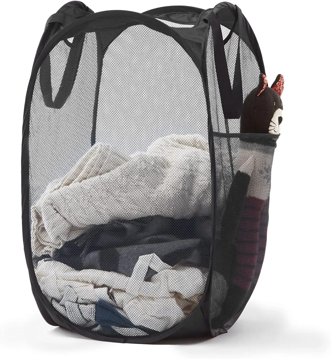 Collapsible Mesh Pop Up Laundry Hamper with Sturdy Handles and Side Pocket - Portable Foldable Clothes Baskets for Dorm, Bathroom & Travel Storage (Black)
