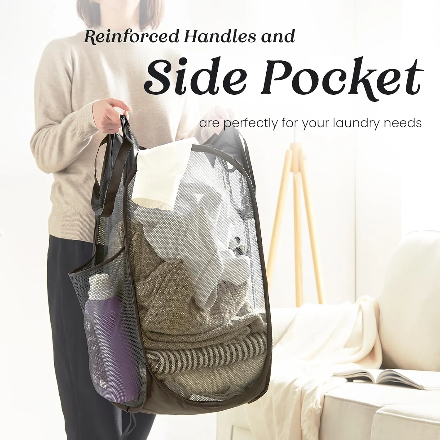 Collapsible Mesh Pop Up Laundry Hamper with Sturdy Handles and Side Pocket - Portable Foldable Clothes Baskets for Dorm, Bathroom & Travel Storage (Black)