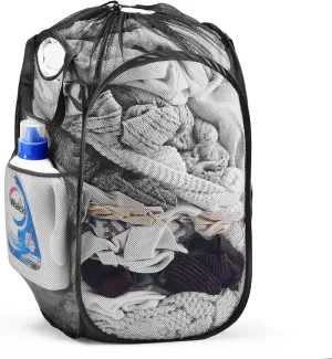 Collapsible Mesh Pop Up Laundry Hamper with Sturdy Handles and Side Pocket - Portable Foldable Clothes Baskets for Dorm, Bathroom & Travel Storage (With Drawstring, Black)