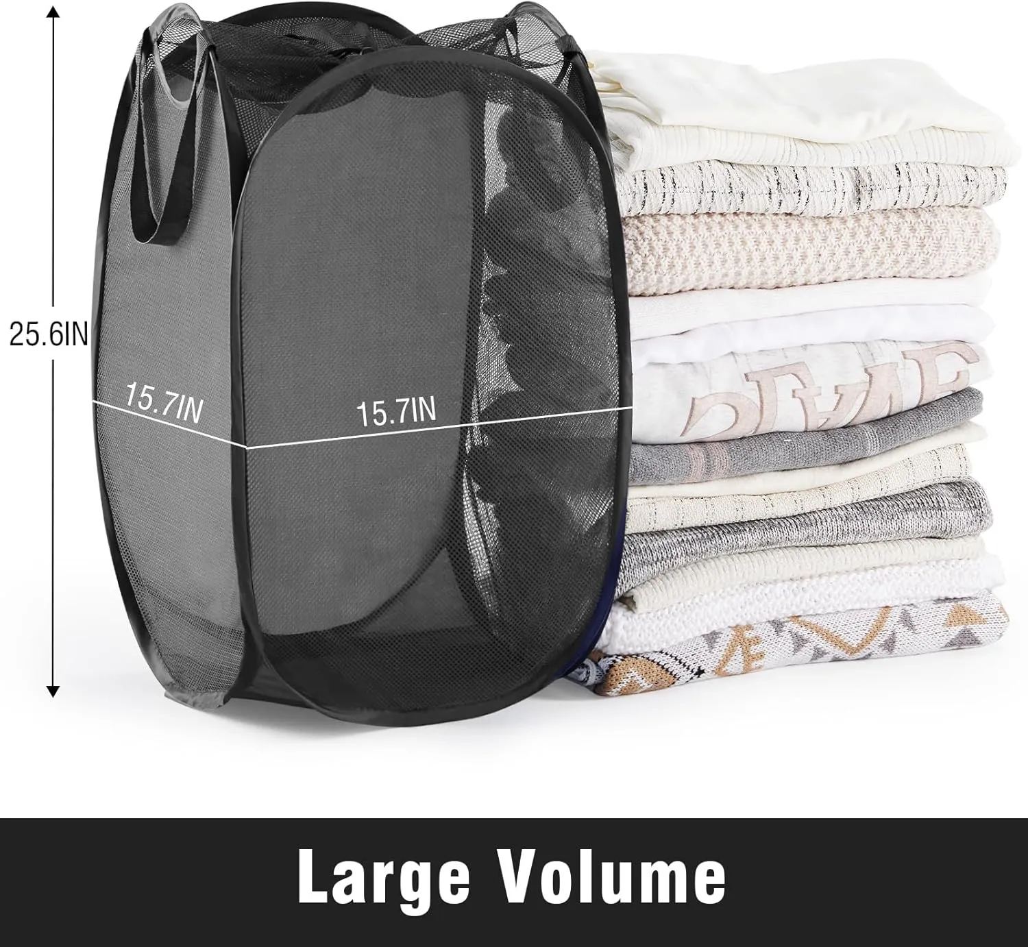 Collapsible Mesh Pop Up Laundry Hamper with Sturdy Handles and Side Pocket - Portable Foldable Clothes Baskets for Dorm, Bathroom & Travel Storage (With Drawstring, Black)