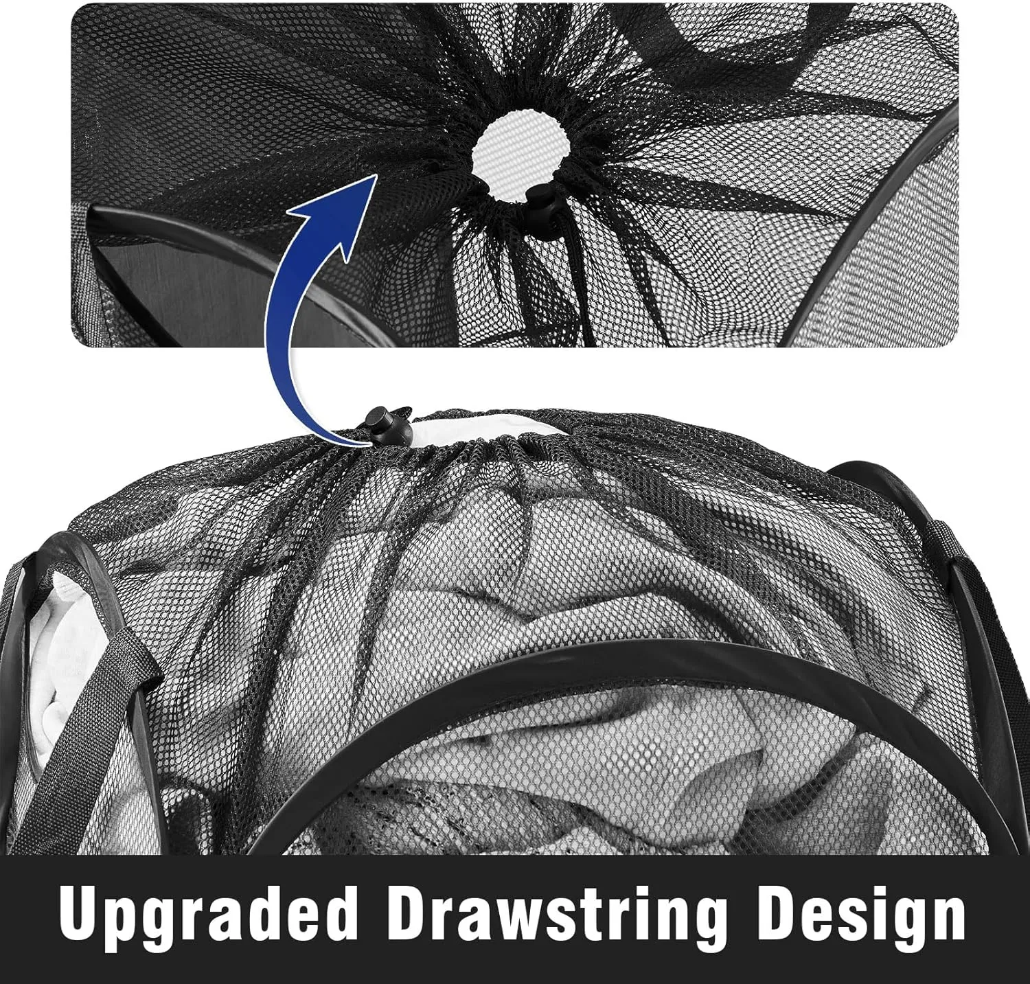 Collapsible Mesh Pop Up Laundry Hamper with Sturdy Handles and Side Pocket - Portable Foldable Clothes Baskets for Dorm, Bathroom & Travel Storage (With Drawstring, Black)