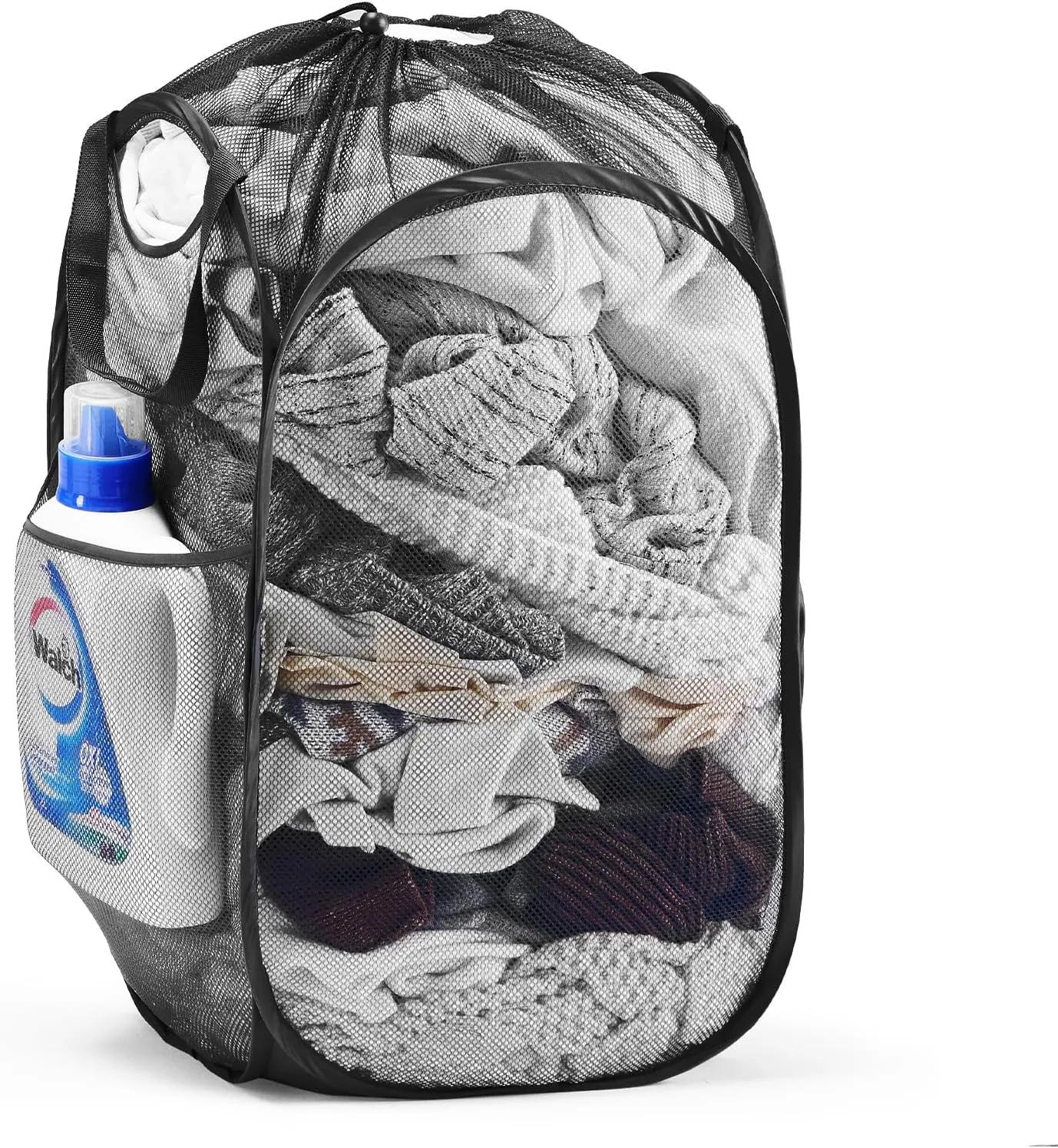 Collapsible Mesh Pop Up Laundry Hamper with Sturdy Handles and Side Pocket - Portable Foldable Clothes Baskets for Dorm, Bathroom & Travel Storage (With Drawstring, Black)