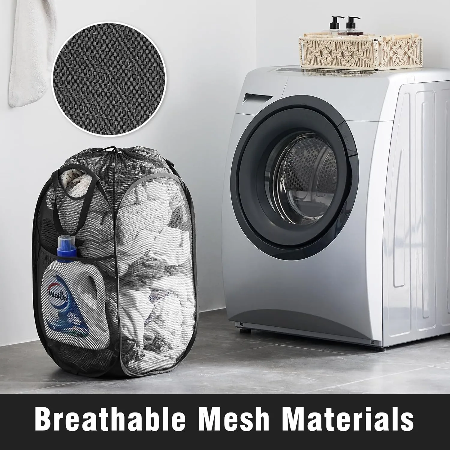 Collapsible Mesh Pop Up Laundry Hamper with Sturdy Handles and Side Pocket - Portable Foldable Clothes Baskets for Dorm, Bathroom & Travel Storage (With Drawstring, Black)