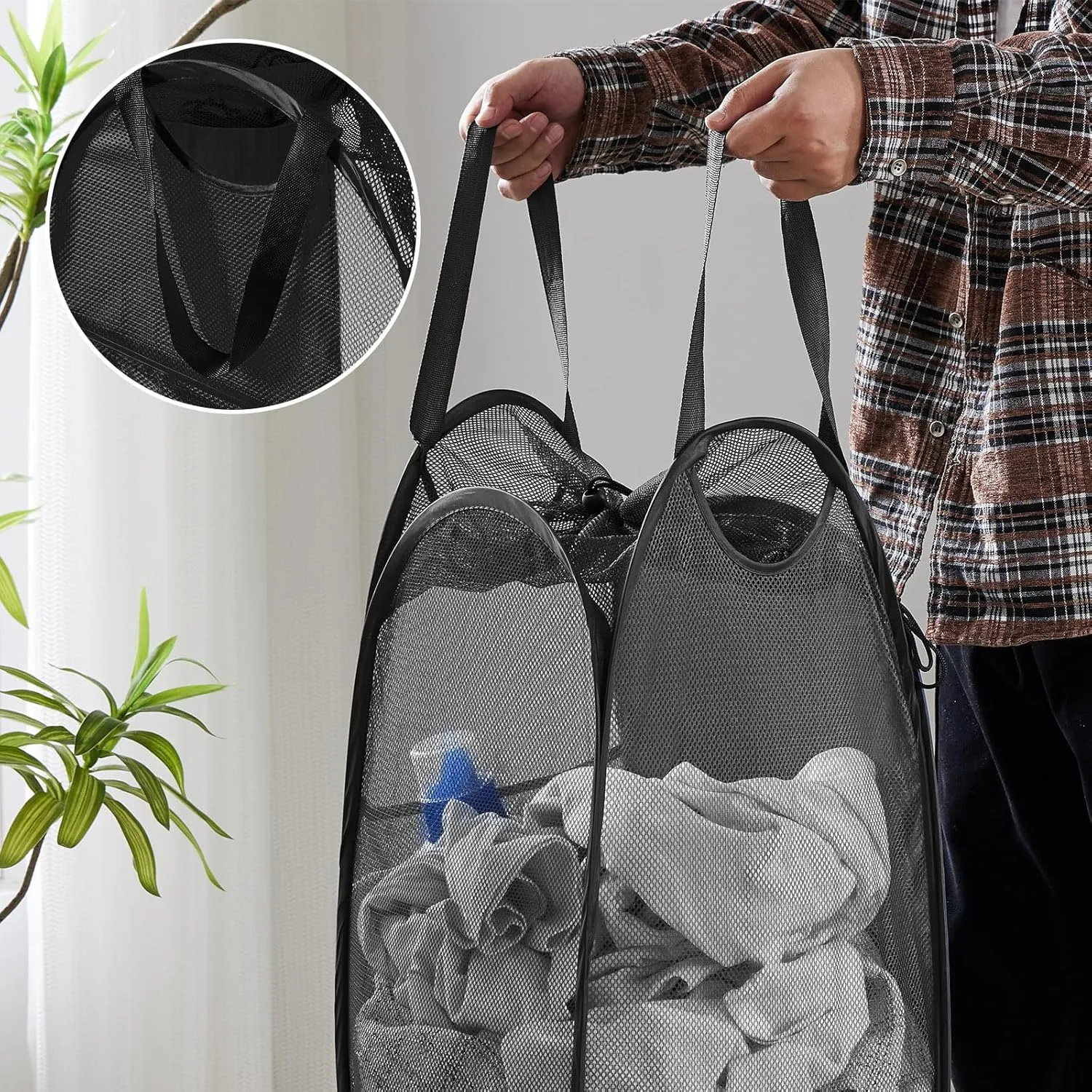 Collapsible Mesh Pop Up Laundry Hamper with Sturdy Handles and Side Pocket - Portable Foldable Clothes Baskets for Dorm, Bathroom & Travel Storage (With Drawstring, Black)