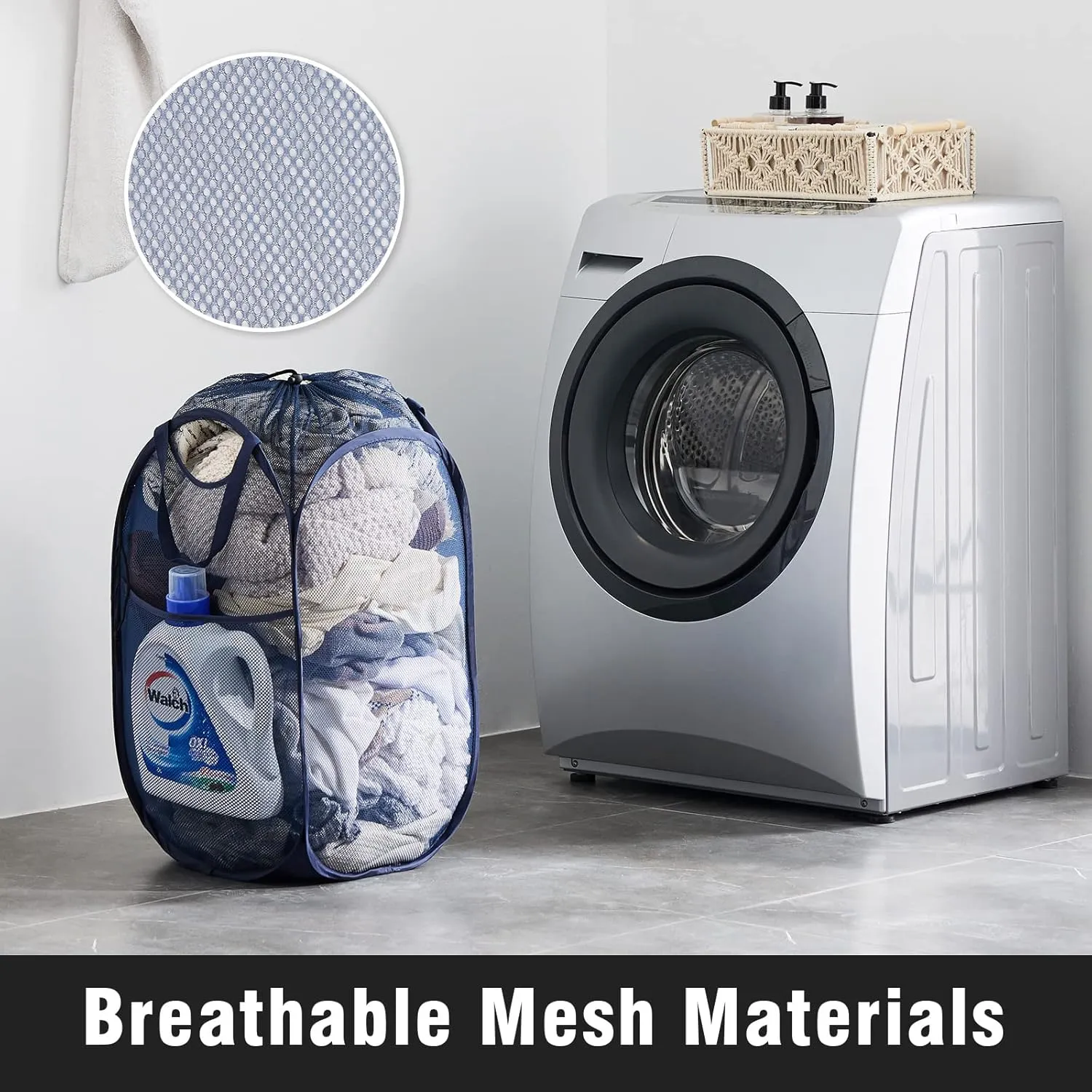 Collapsible Mesh Pop Up Laundry Hamper with Sturdy Handles and Side Pocket - Portable Foldable Clothes Baskets for Dorm, Bathroom & Travel Storage (With Drawstring, Blue)