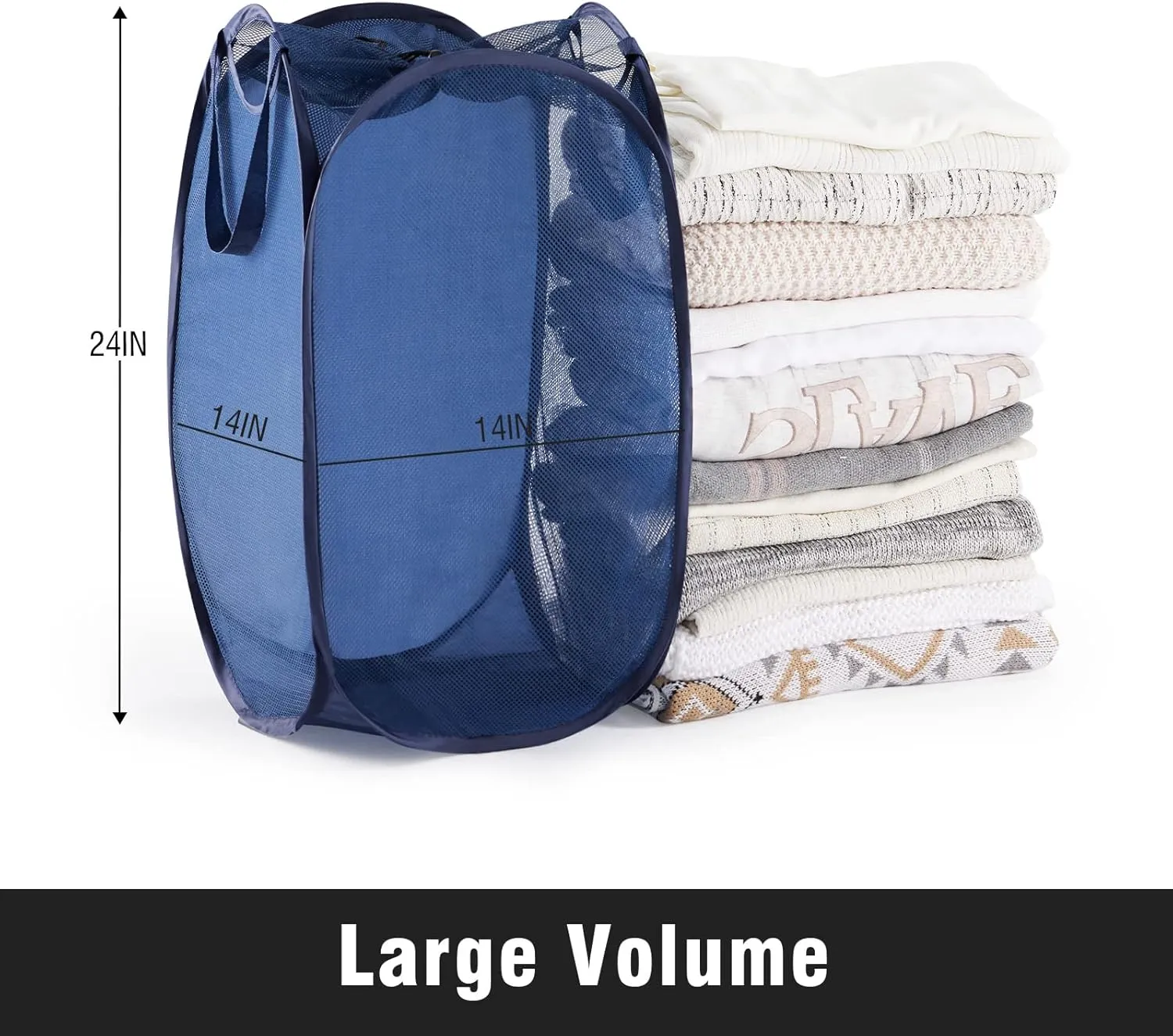 Collapsible Mesh Pop Up Laundry Hamper with Sturdy Handles and Side Pocket - Portable Foldable Clothes Baskets for Dorm, Bathroom & Travel Storage (With Drawstring, Blue)