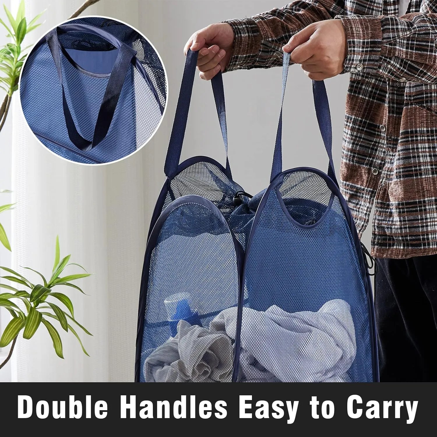 Collapsible Mesh Pop Up Laundry Hamper with Sturdy Handles and Side Pocket - Portable Foldable Clothes Baskets for Dorm, Bathroom & Travel Storage (With Drawstring, Blue)