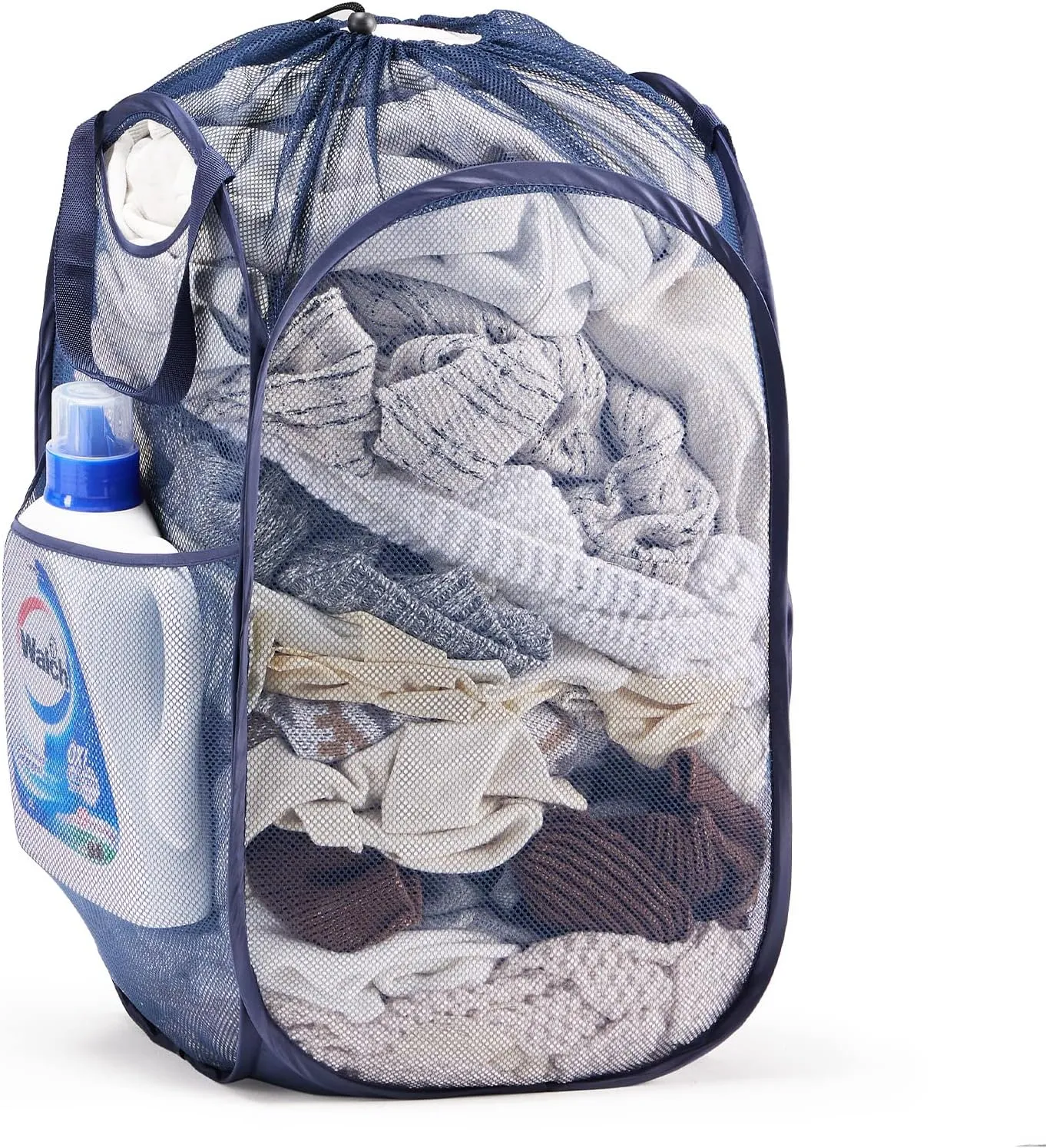Collapsible Mesh Pop Up Laundry Hamper with Sturdy Handles and Side Pocket - Portable Foldable Clothes Baskets for Dorm, Bathroom & Travel Storage (With Drawstring, Blue)