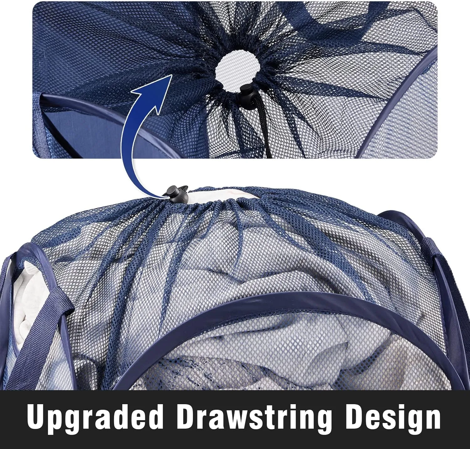 Collapsible Mesh Pop Up Laundry Hamper with Sturdy Handles and Side Pocket - Portable Foldable Clothes Baskets for Dorm, Bathroom & Travel Storage (With Drawstring, Blue)