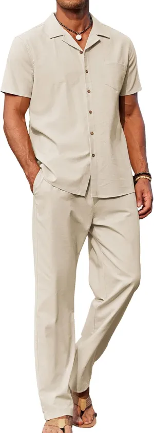 COOFANDY Men 2 Piece Linen Outfit Beach Button Down Shirt Casual Loose Pant Sets
