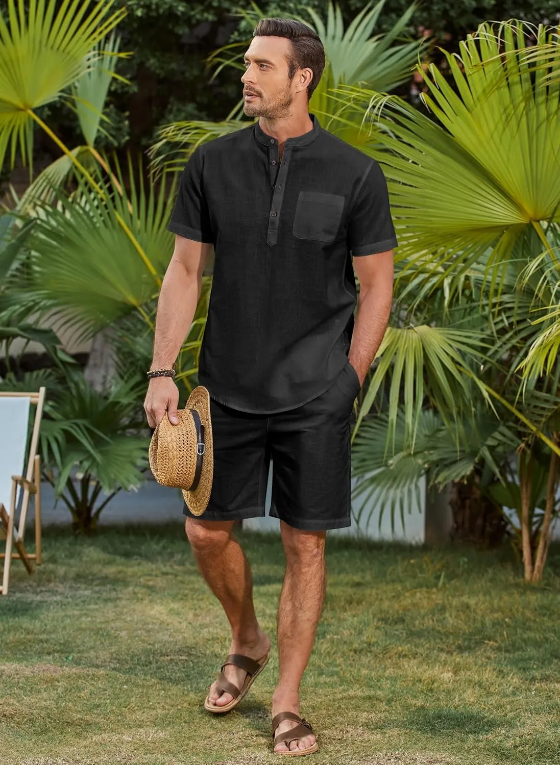 COOFANDY Men's 2 Piece Cotton Linen Sets Summer Beach Outfits Casual Short Sleeve Henley Shirts and Vacation Shorts