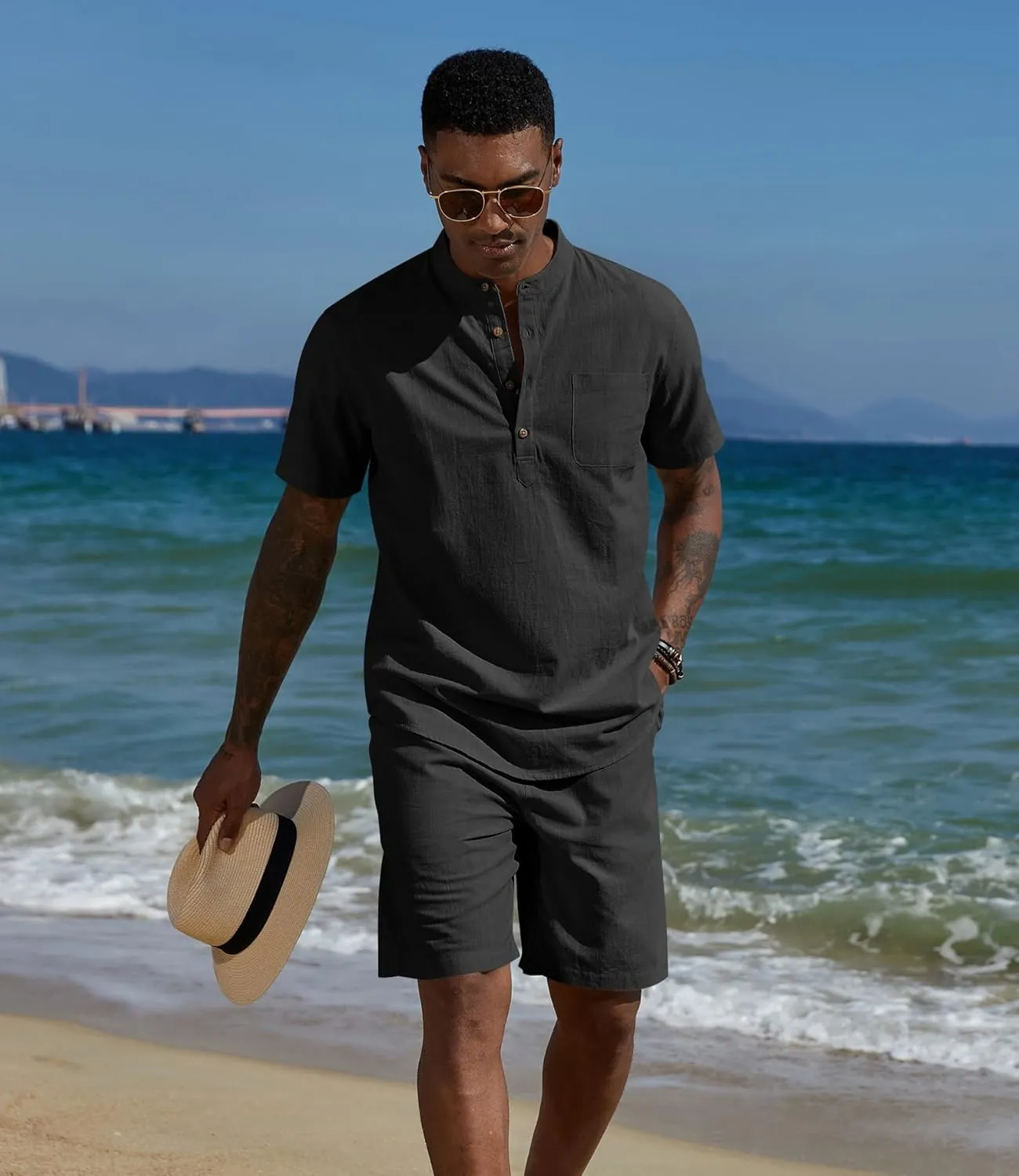 COOFANDY Men's 2 Piece Cotton Linen Sets Summer Beach Outfits Casual Short Sleeve Henley Shirts and Vacation Shorts
