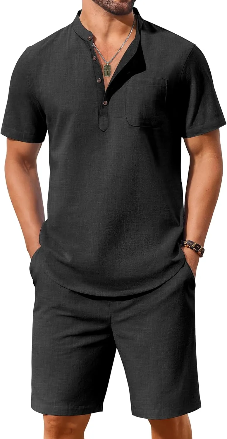 COOFANDY Men's 2 Piece Cotton Linen Sets Summer Beach Outfits Casual Short Sleeve Henley Shirts and Vacation Shorts