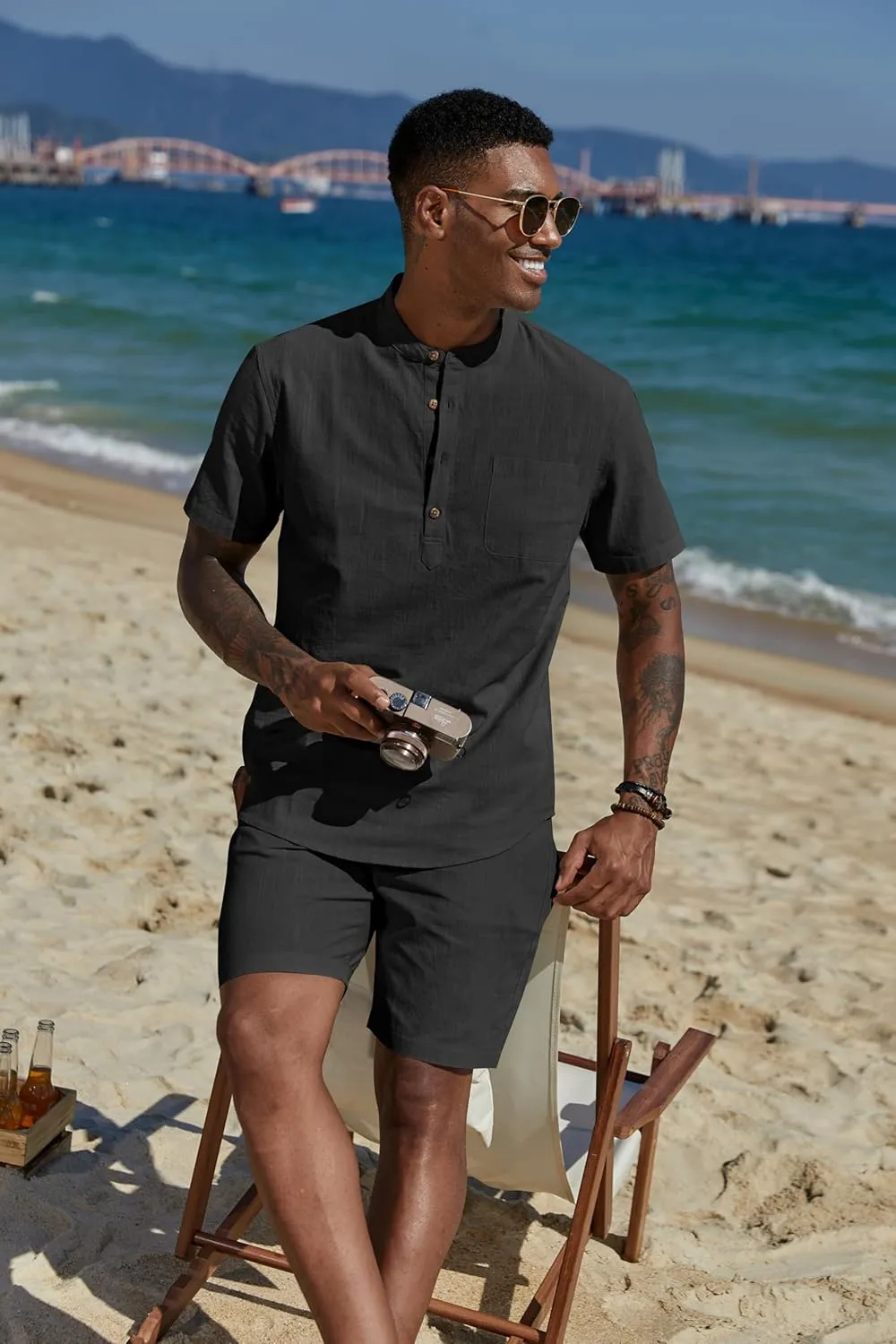 COOFANDY Men's 2 Piece Cotton Linen Sets Summer Beach Outfits Casual Short Sleeve Henley Shirts and Vacation Shorts