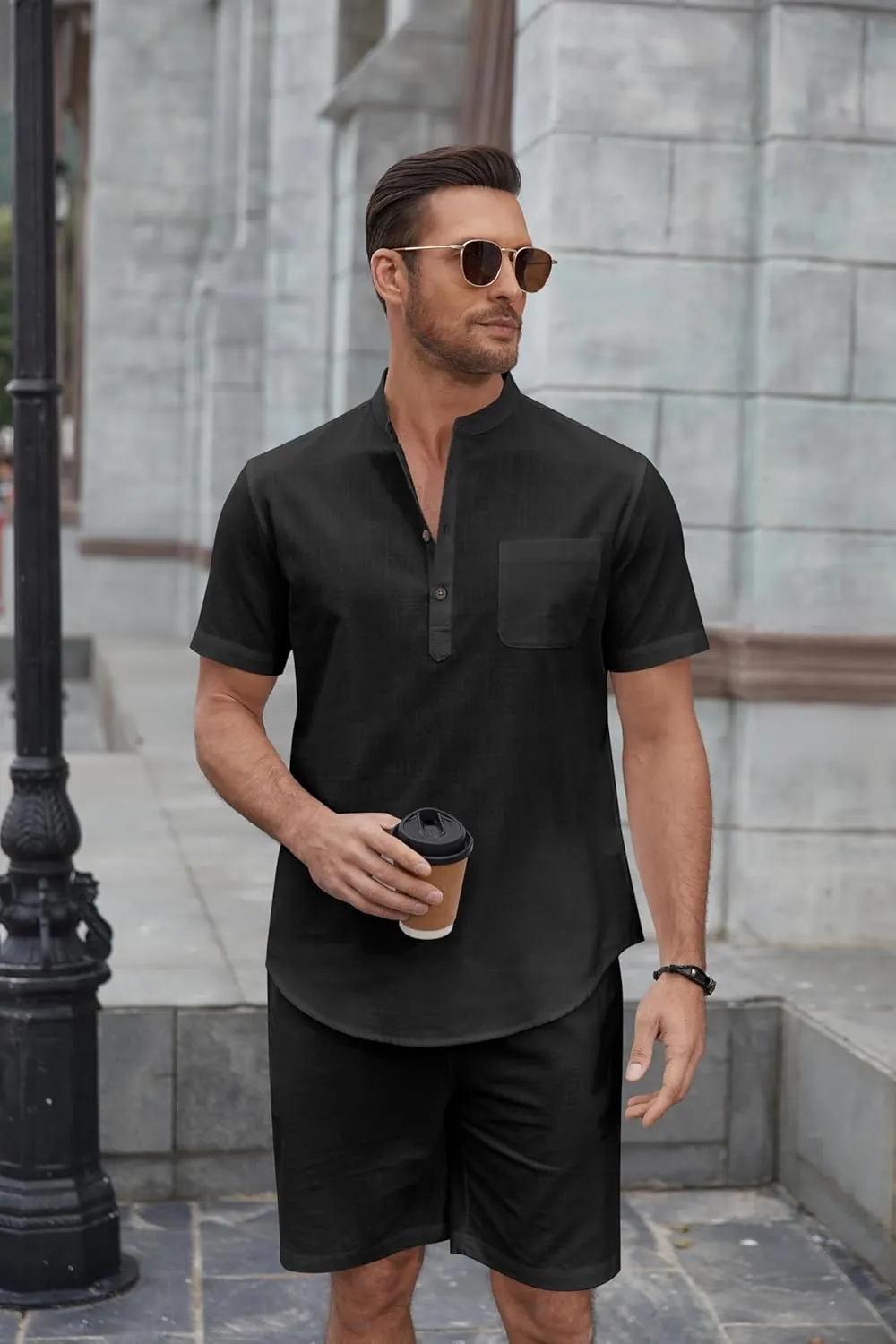 COOFANDY Men's 2 Piece Cotton Linen Sets Summer Beach Outfits Casual Short Sleeve Henley Shirts and Vacation Shorts