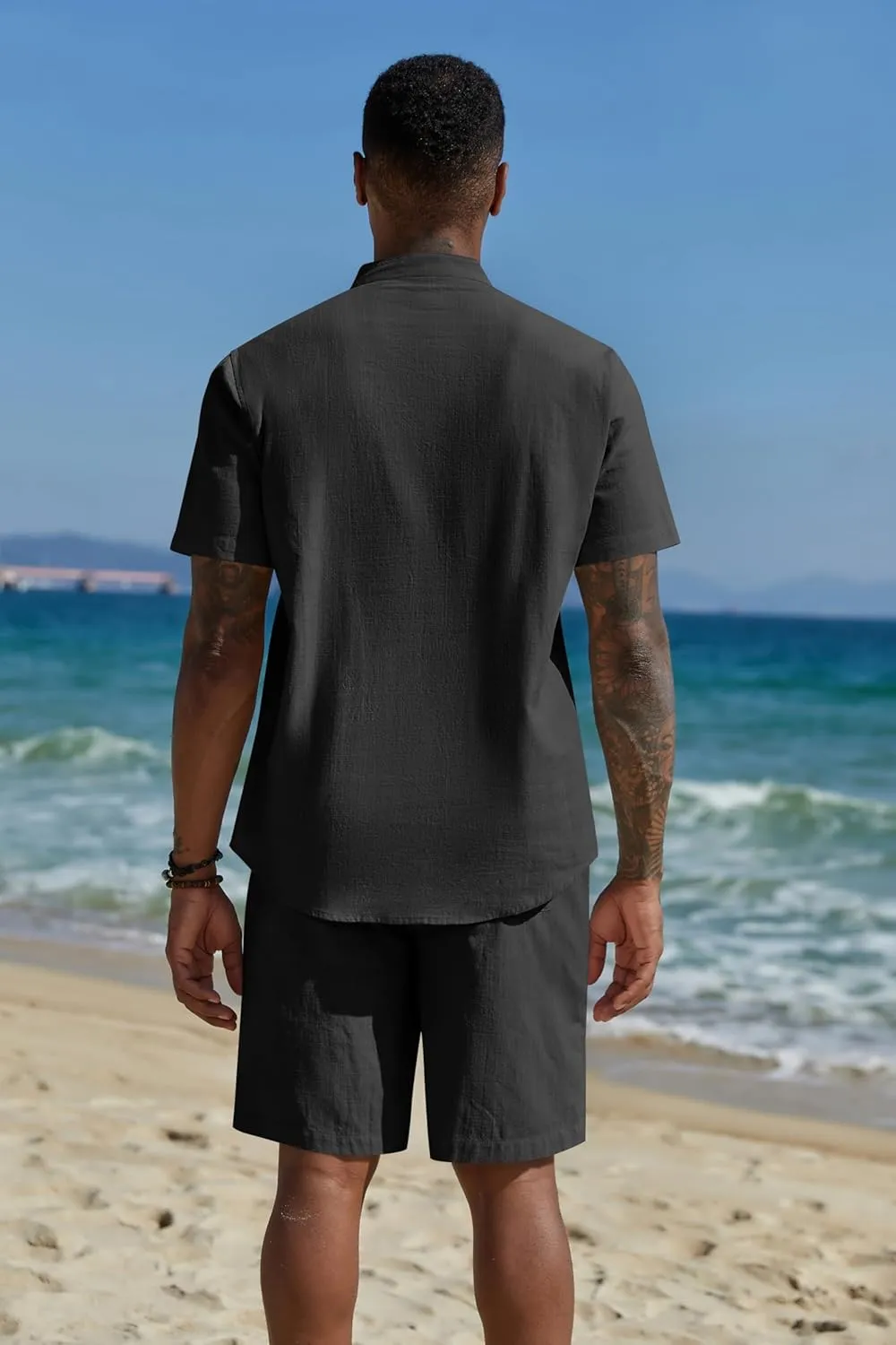 COOFANDY Men's 2 Piece Cotton Linen Sets Summer Beach Outfits Casual Short Sleeve Henley Shirts and Vacation Shorts