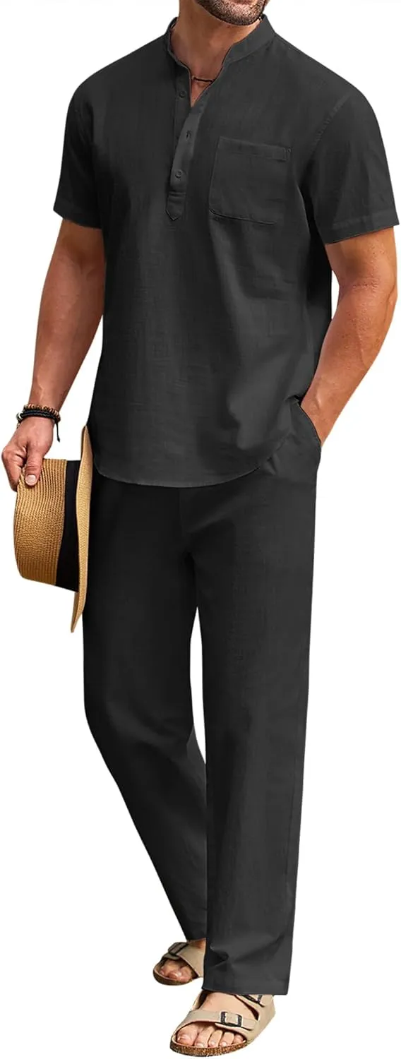 COOFANDY Men's 2 Pieces Cotton Linen Set Casual Short Sleeve Henley Shirts Beach Yoga Pants Summer Outfits