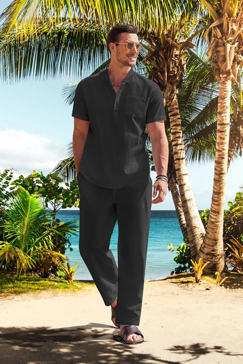 COOFANDY Men's 2 Pieces Cotton Linen Set Casual Short Sleeve Henley Shirts Beach Yoga Pants Summer Outfits