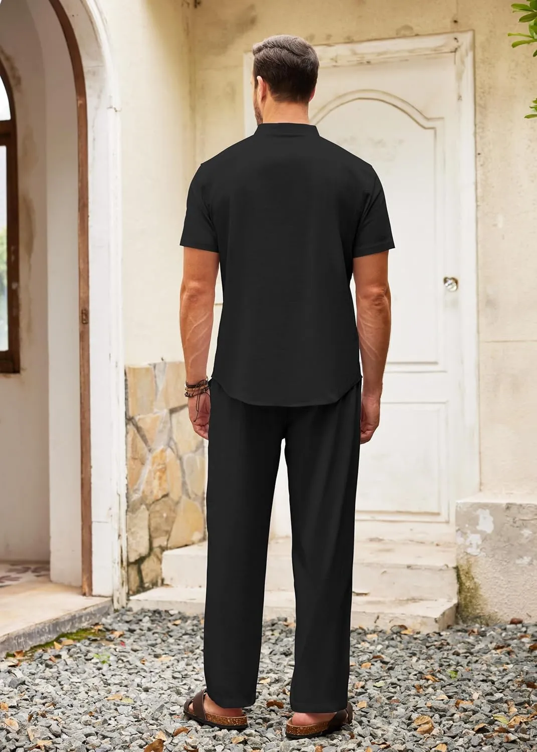 COOFANDY Men's 2 Pieces Cotton Linen Set Casual Short Sleeve Henley Shirts Beach Yoga Pants Summer Outfits