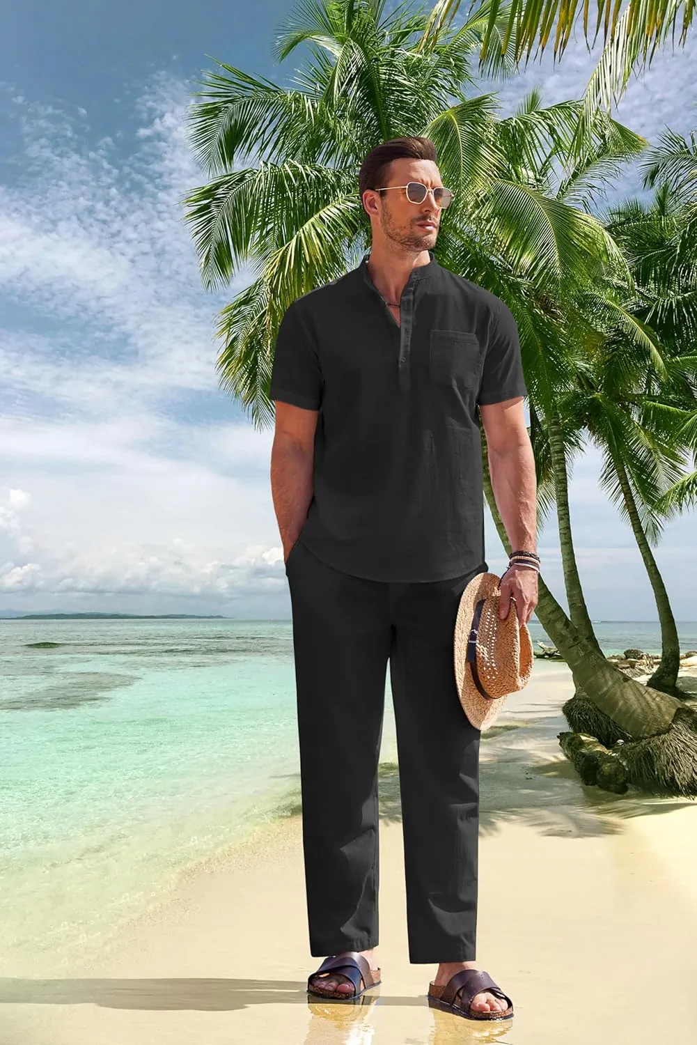 COOFANDY Men's 2 Pieces Cotton Linen Set Casual Short Sleeve Henley Shirts Beach Yoga Pants Summer Outfits
