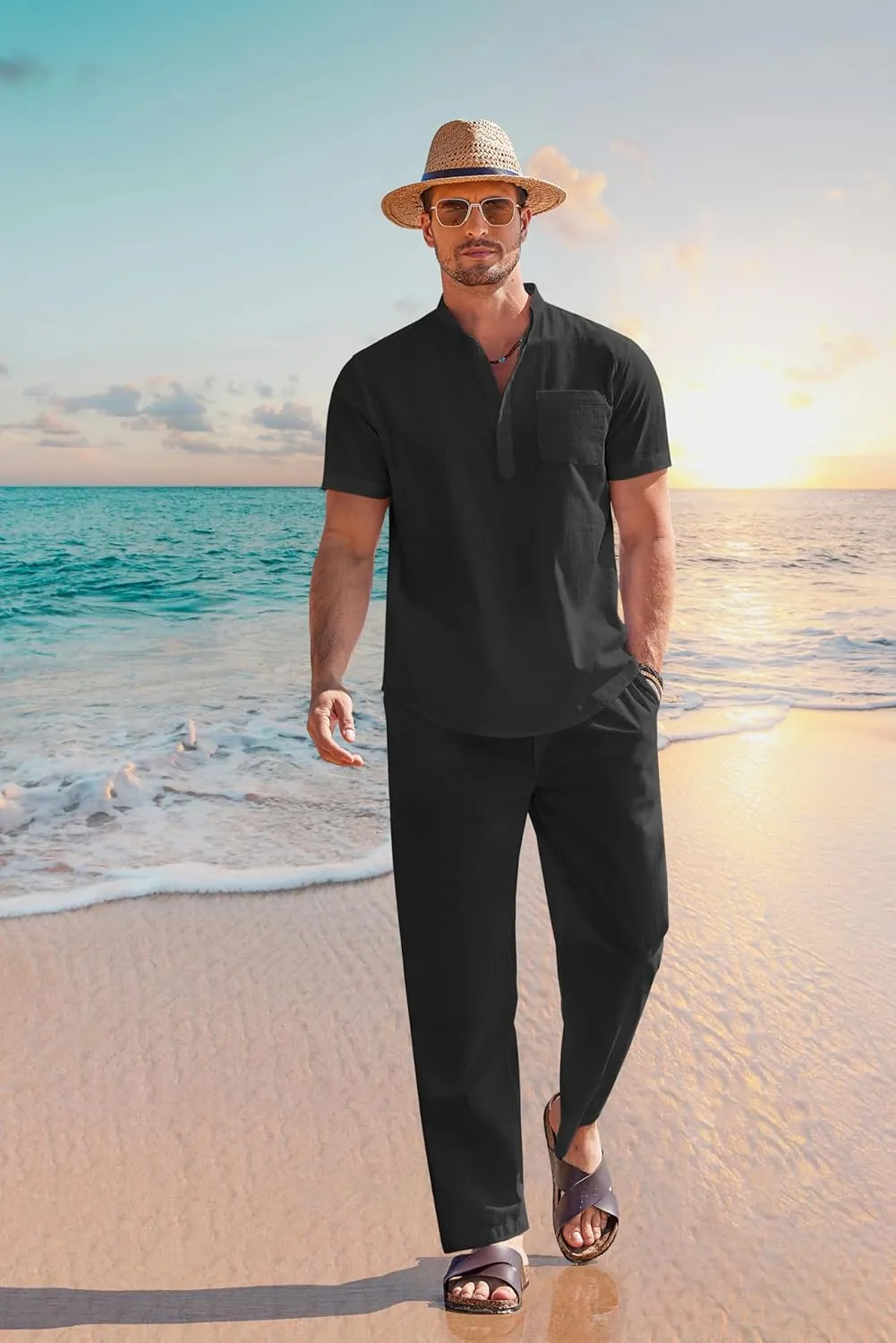 COOFANDY Men's 2 Pieces Cotton Linen Set Casual Short Sleeve Henley Shirts Beach Yoga Pants Summer Outfits