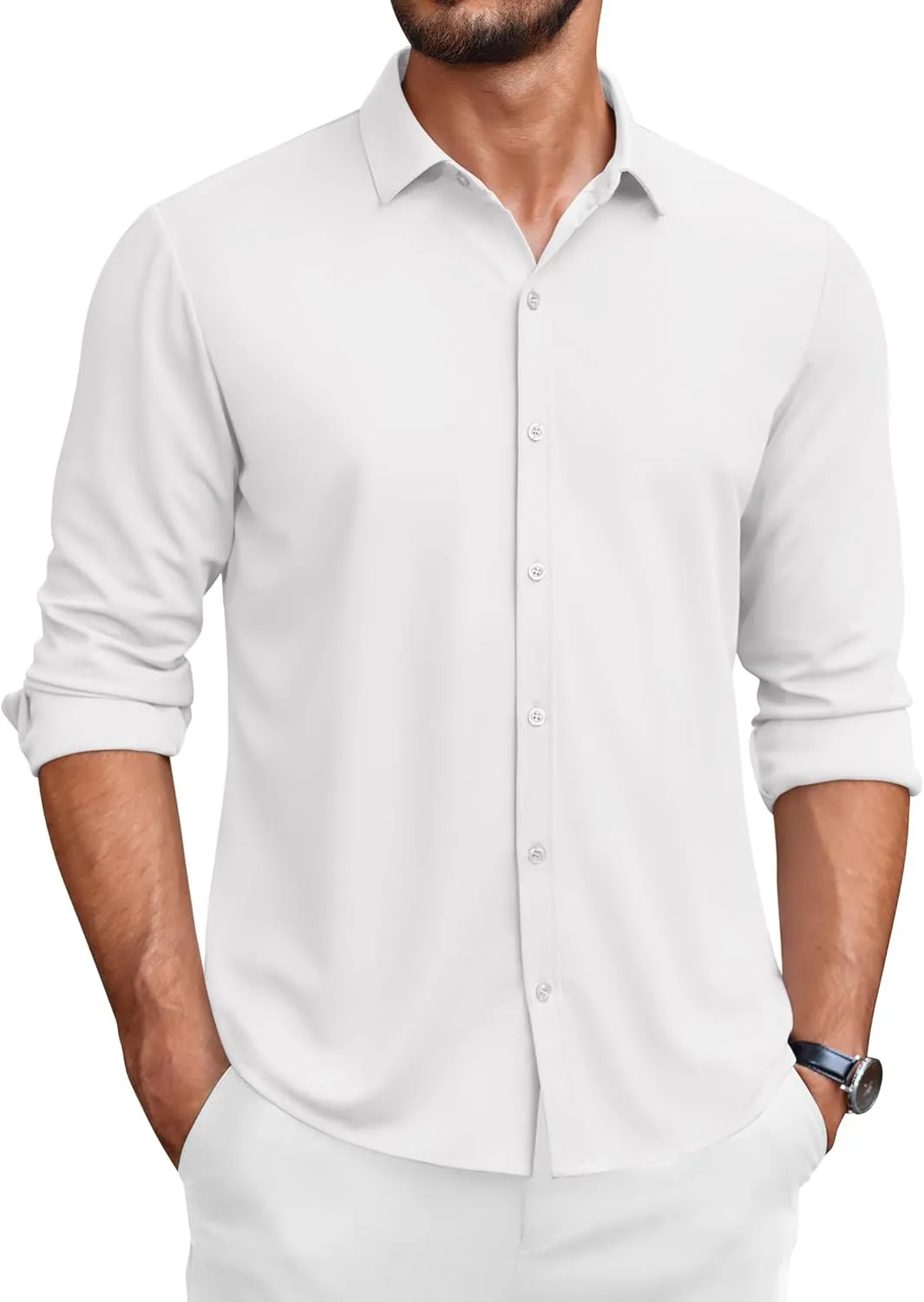COOFANDY Men's Casual Long Sleeve Dress Shirts Button Down Wrinkle Free Slim Fit Shirt White