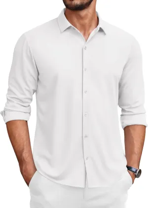 COOFANDY Men's Casual Long Sleeve Dress Shirts Button Down Wrinkle Free Slim Fit Shirt White