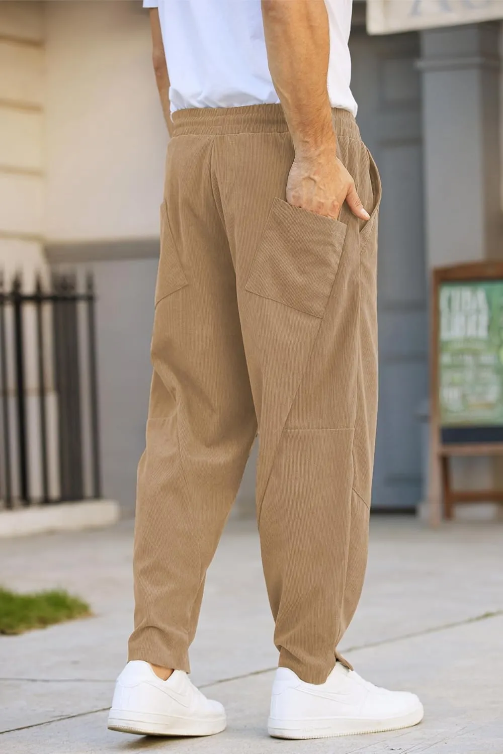COOFANDY Men's Corduroy Pants Elastic Waist Drawstring Harem Pants Fashion Loose Casual Long Trousers with 4 Pockets