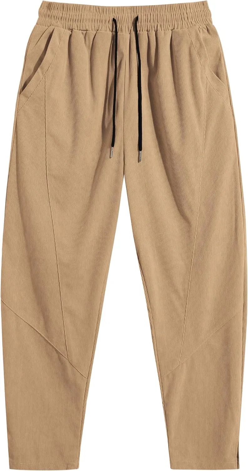 COOFANDY Men's Corduroy Pants Elastic Waist Drawstring Harem Pants Fashion Loose Casual Long Trousers with 4 Pockets