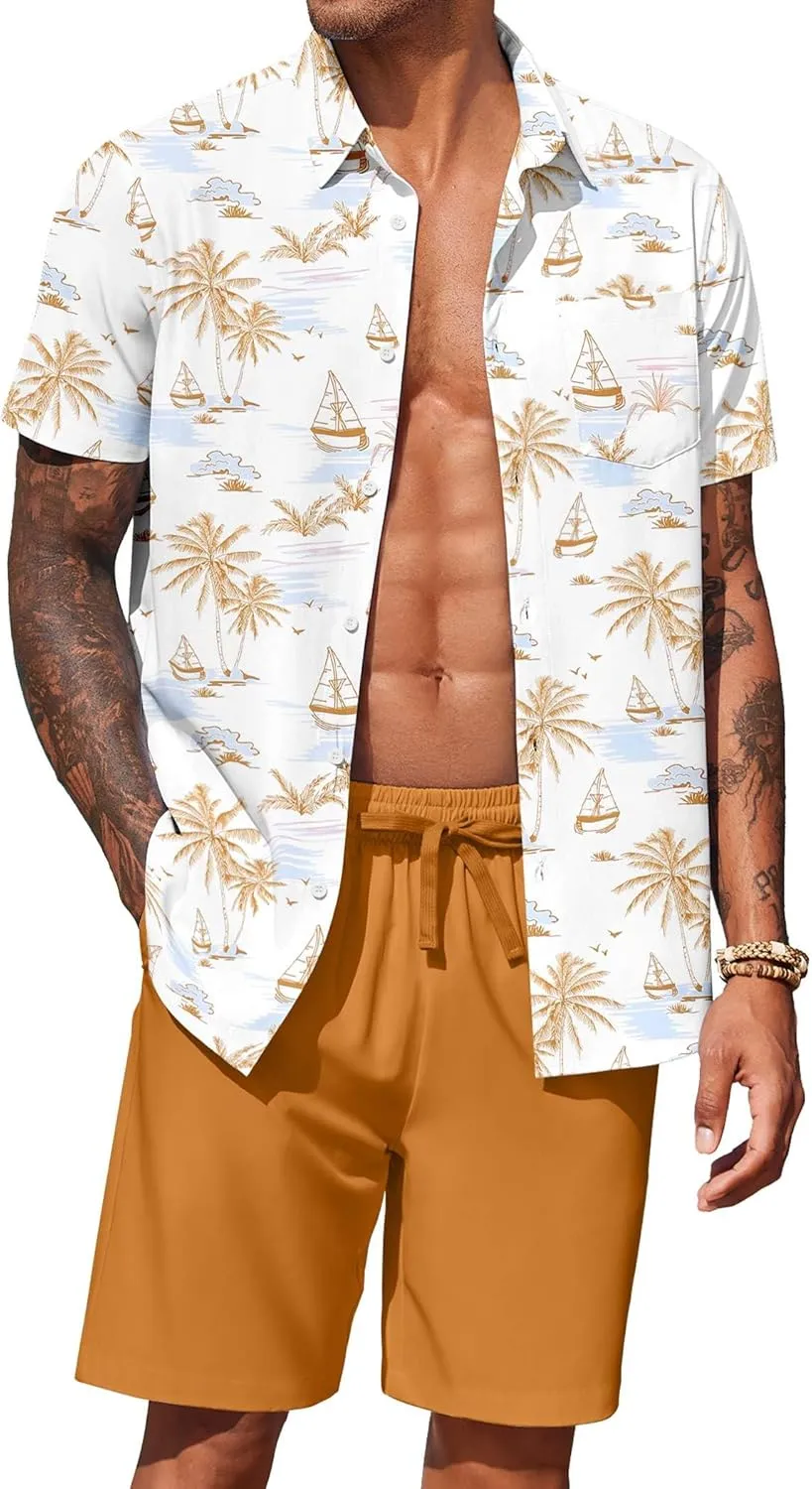 COOFANDY Men's Hawaiian 2 Piece Outfits Summer Beach Matching Set Short Sleeve Floral Shirts and Shorts