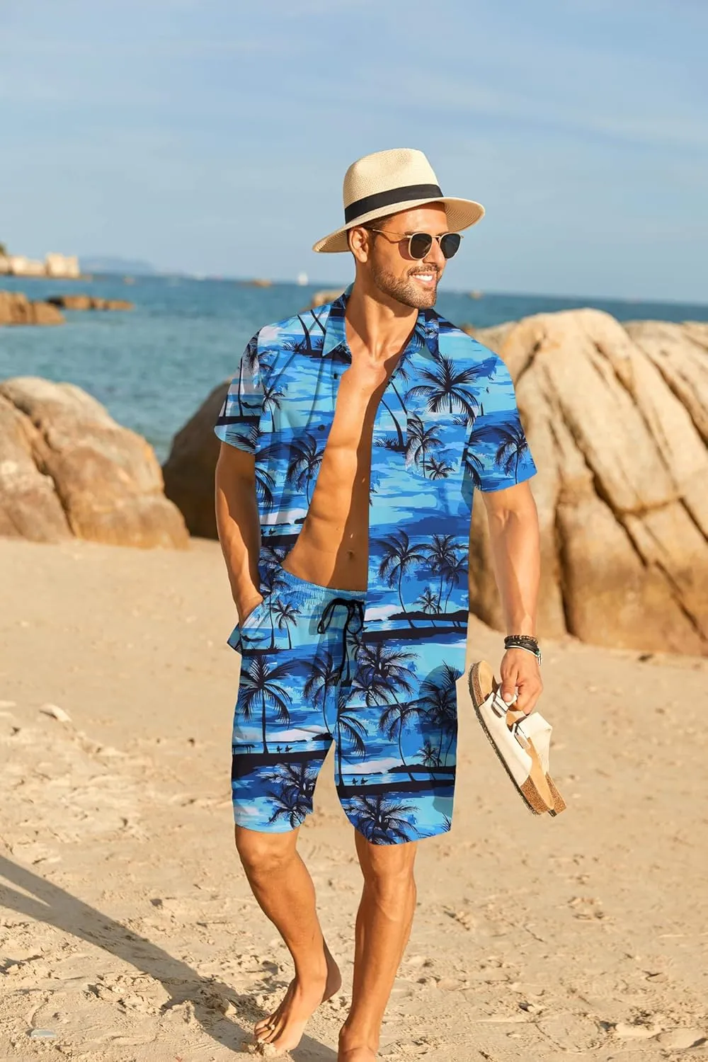 COOFANDY Men's Hawaiian 2 Piece Outfits Summer Beach Matching Set Short Sleeve Floral Shirts and Shorts